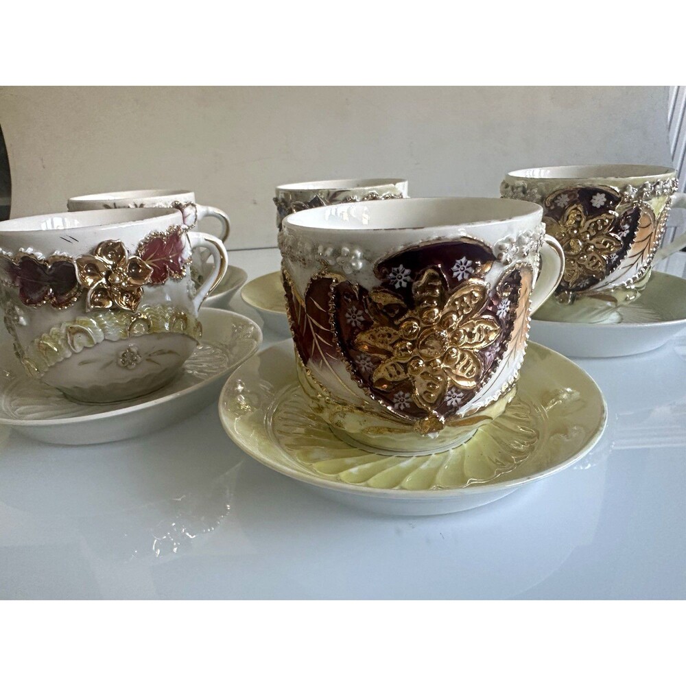 Unmarked Porcelain Floral Gold Trim 5 Cup & Saucer Sets Germany MPN 28